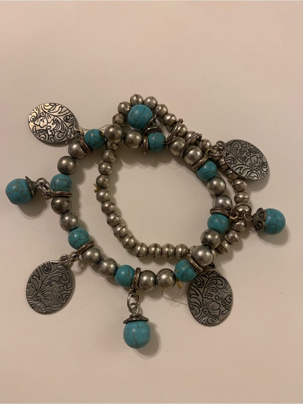 Turquoise Bead Silver-Tone Charm Bracelet Set